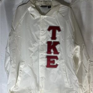 Tau Kappa Epsilon TKE White Button Up Windbreaker Jacket: Sewn/stitched Letters
